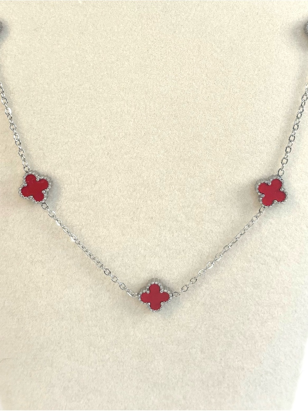 Stainless Steel Quatrefoil Necklace (silver with red enamel) - Picture 3 of 4